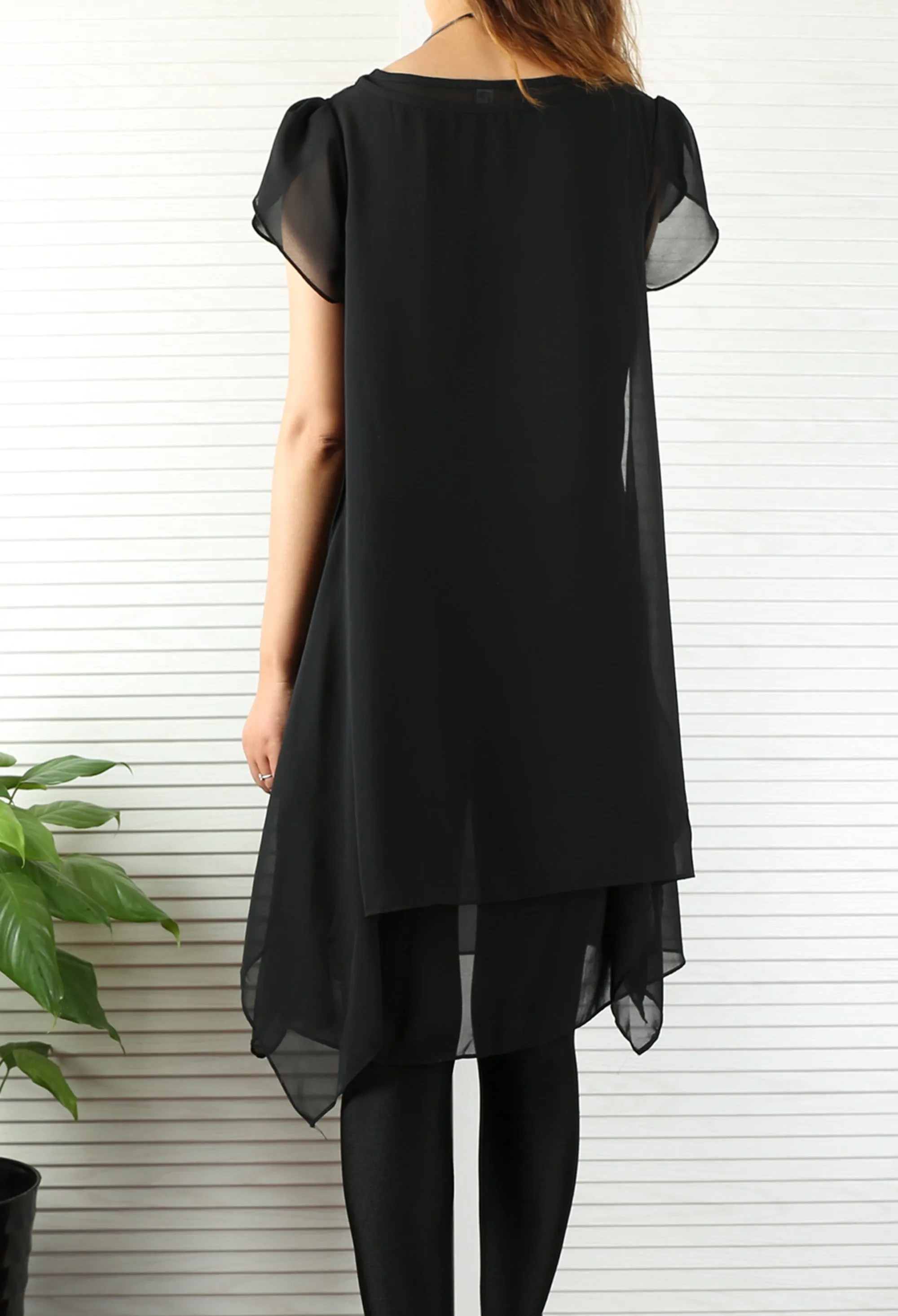 Women's chiffon dress/short sleeves tunic dress/Casual Tunic top/summer dress/customized oversized dress/black tunic top(Y1709)