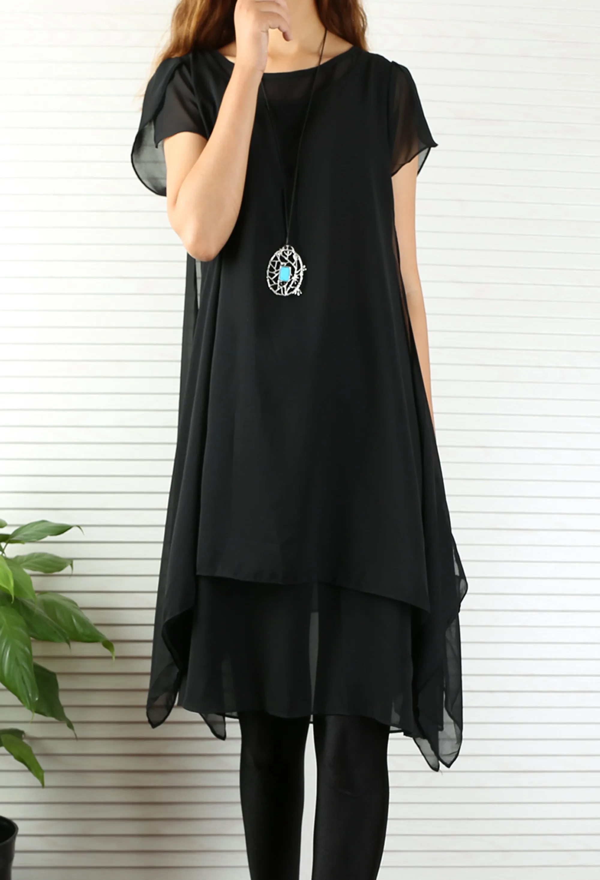 Women's chiffon dress/short sleeves tunic dress/Casual Tunic top/summer dress/customized oversized dress/black tunic top(Y1709)