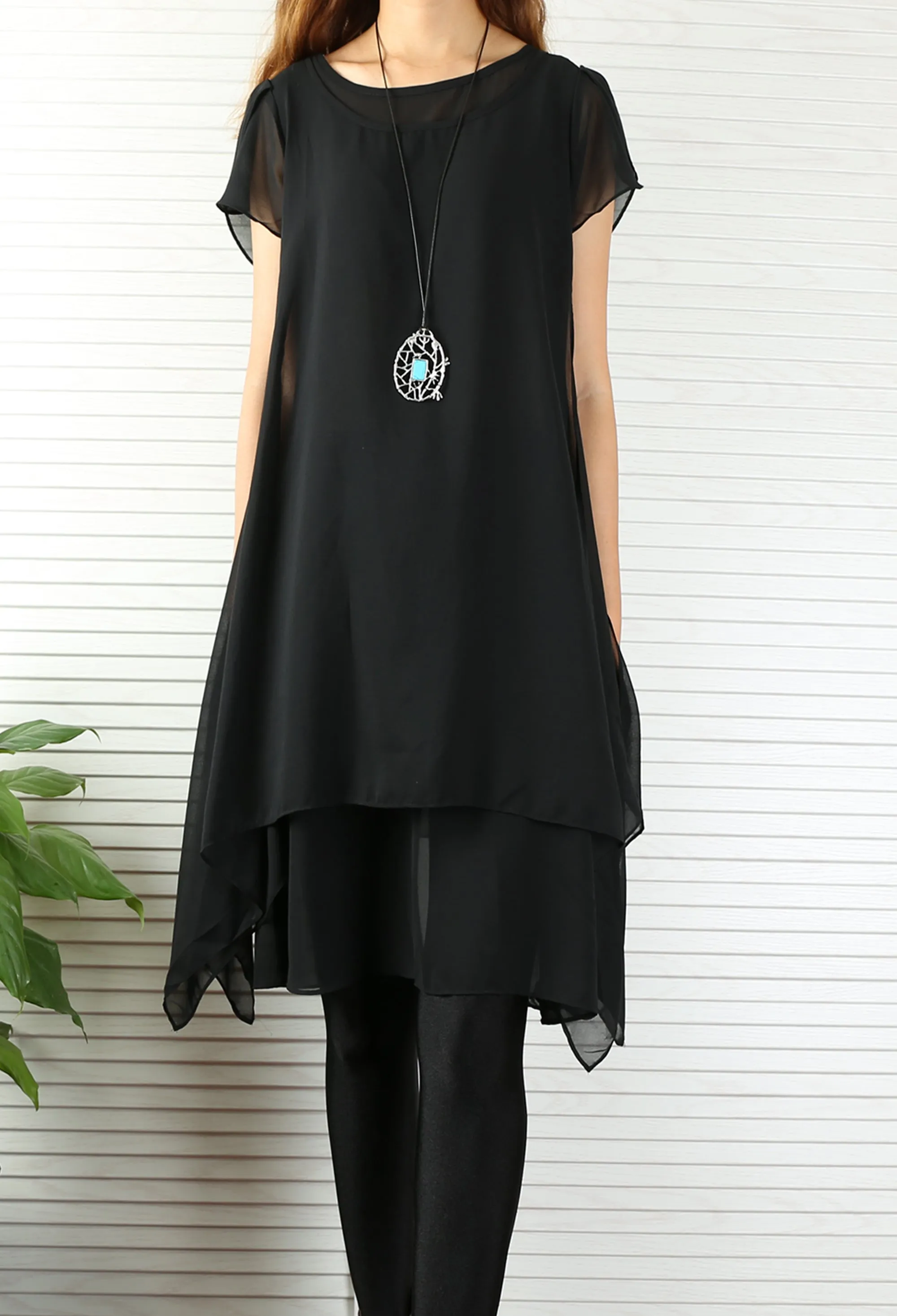 Women's chiffon dress/short sleeves tunic dress/Casual Tunic top/summer dress/customized oversized dress/black tunic top(Y1709)