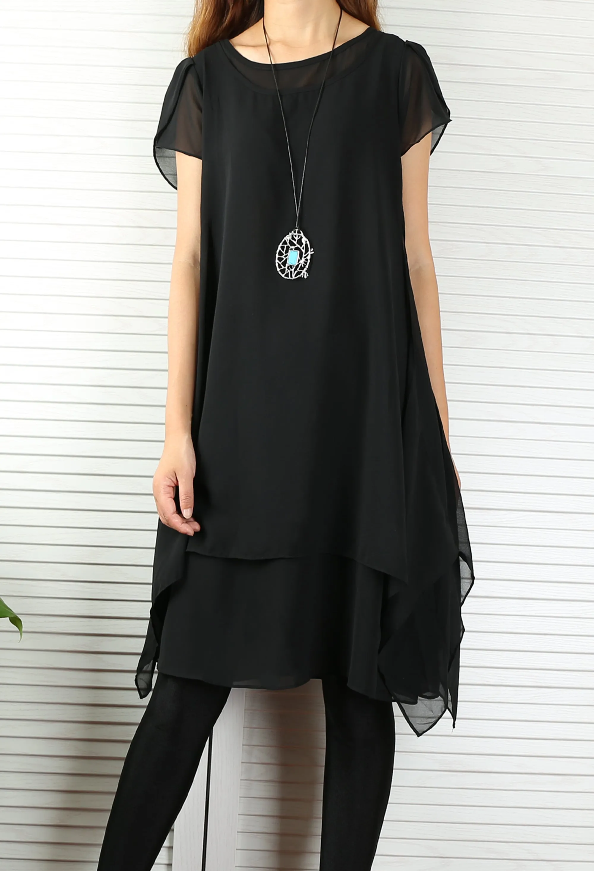 Women's chiffon dress/short sleeves tunic dress/Casual Tunic top/summer dress/customized oversized dress/black tunic top(Y1709)