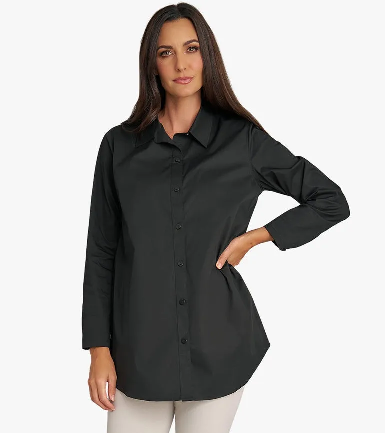 Women's Long Sleeve A-Line Button Front Prime Time Tunic BLACK