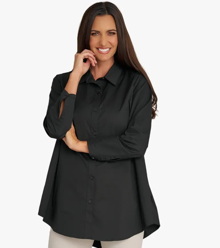 Women's Long Sleeve A-Line Button Front Prime Time Tunic BLACK