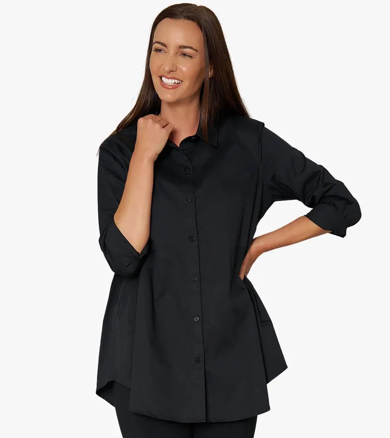 Women's Long Sleeve A-Line Button Front Prime Time Tunic BLACK