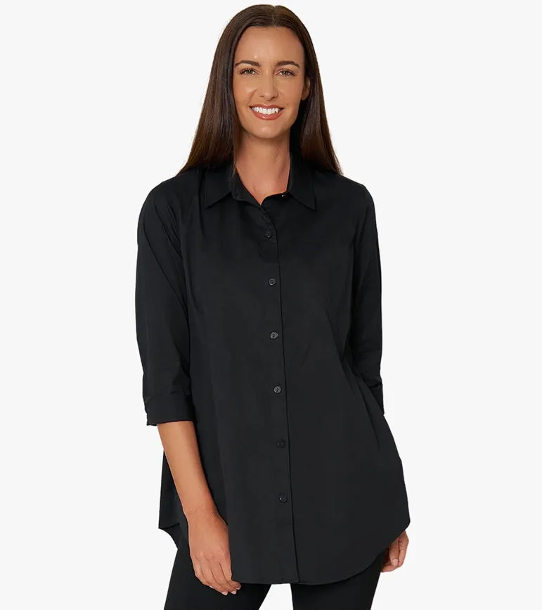 Women's Long Sleeve A-Line Button Front Prime Time Tunic BLACK