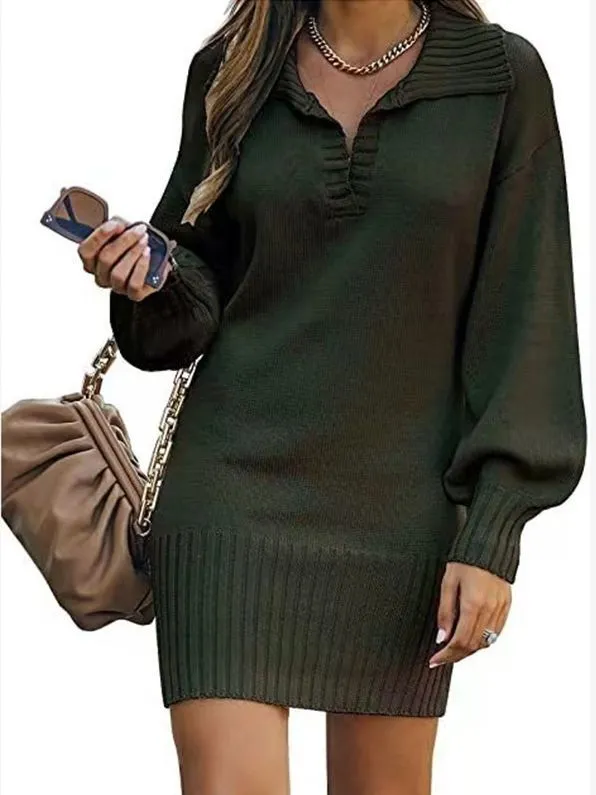 Women's Mid-length Lapel Lantern Sleeve Knitted Solid Sweaters