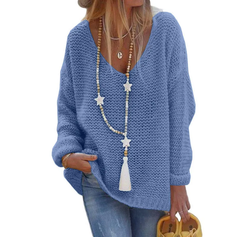 Women's Pullover Sweater V-neck Long-sleeved Knitted Top