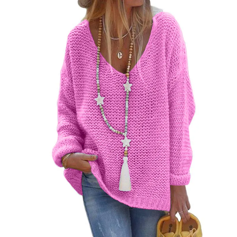 Women's Pullover Sweater V-neck Long-sleeved Knitted Top