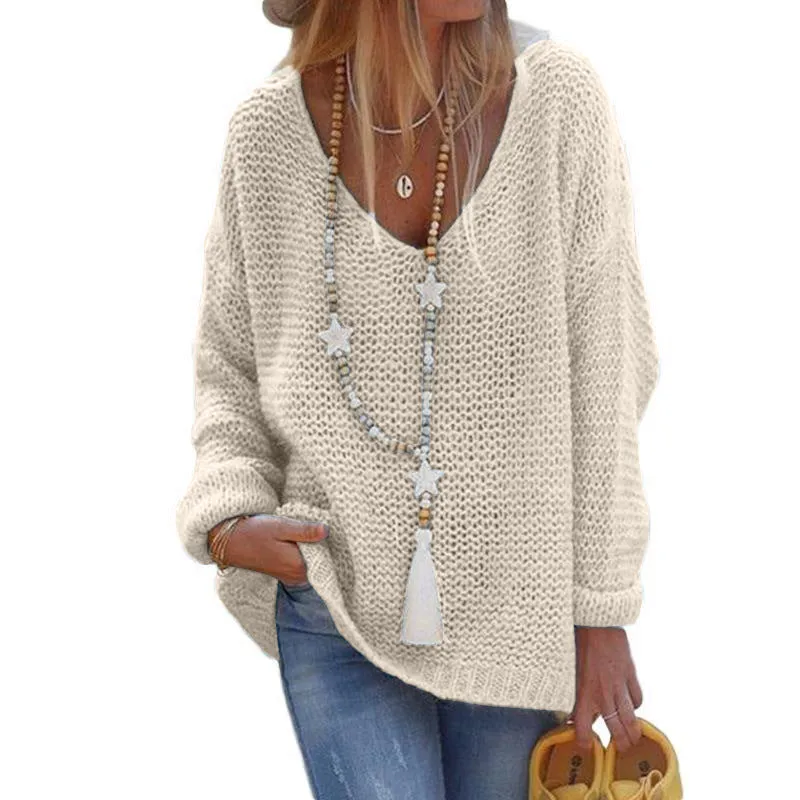 Women's Pullover Sweater V-neck Long-sleeved Knitted Top