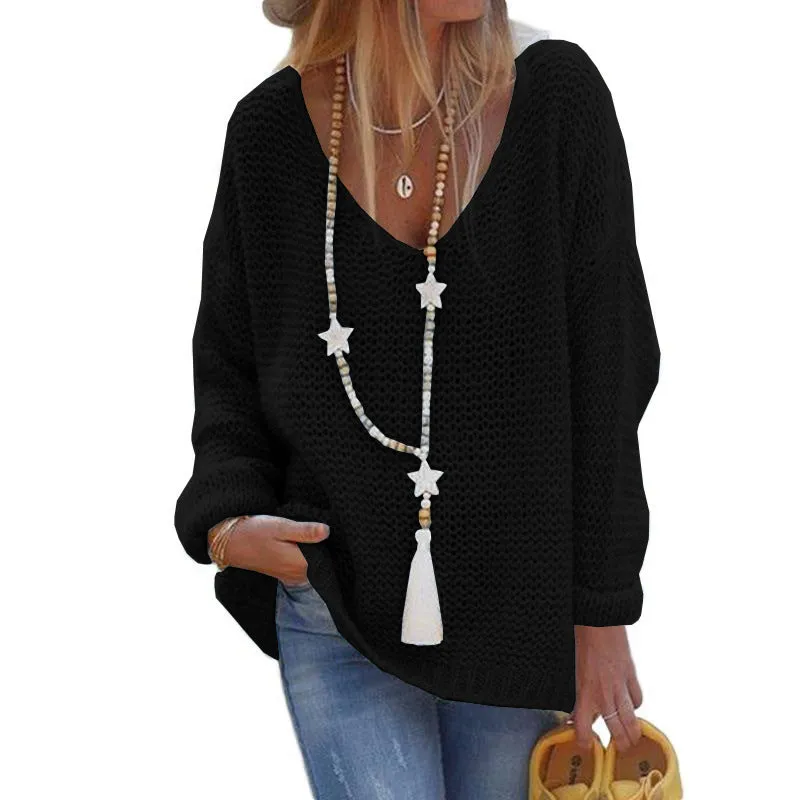 Women's Pullover Sweater V-neck Long-sleeved Knitted Top