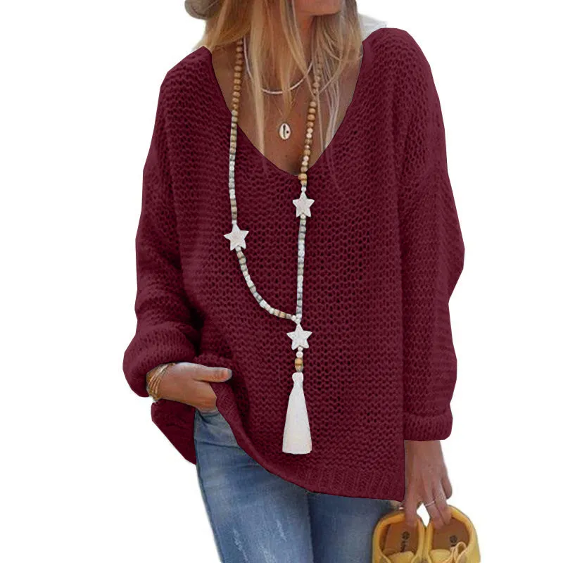 Women's Pullover Sweater V-neck Long-sleeved Knitted Top