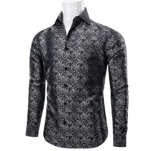 YourTies Long Sleeve Shirt Black Grey Floral Leaf Men's Button Shirt