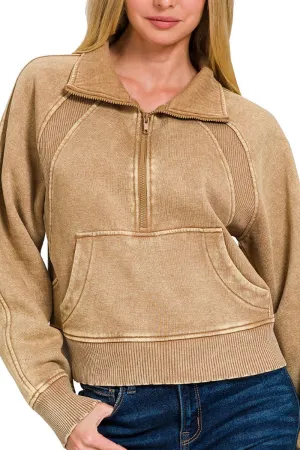 Zenana Cedar Rapids Deep Camel Half Zip Fleece Pullover