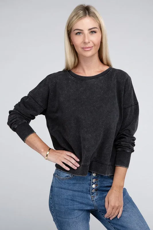 Zenana French Terry Acid Wash Boat Neck Pullover